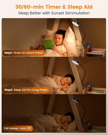 Світлодіодна приліжкова лампа Glocusent з кліпсою, 72 LED, 3 кольори, 5 рівнів яскравості, нічник, таймер, захист очей для читання, роботи (чорна з адаптером)