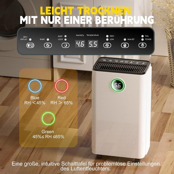 12L/Day Dehumidifier, Auto Dehumidification, 24H Timer On/Off, Continuous Drainage, Powerful Room Dehumidifier with LED Display and Control, Against Moisture