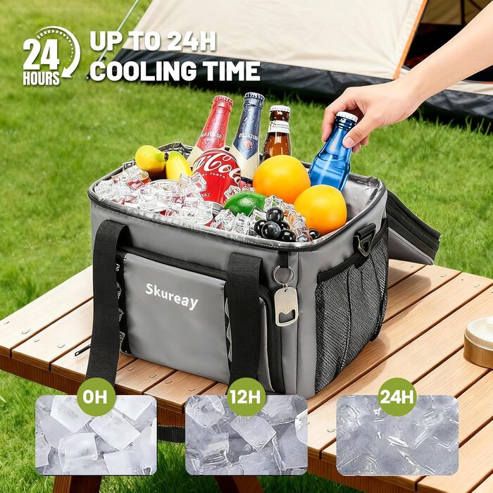 Велика розширювана сумка-холодильник з м'якого матеріалу, двоярусна ланч-сумка для жінок та чоловіків, вміщує 40 банок, вологостійка та портативна – ідеально для пляжу, кемпінгу, подорожей (Сірий)