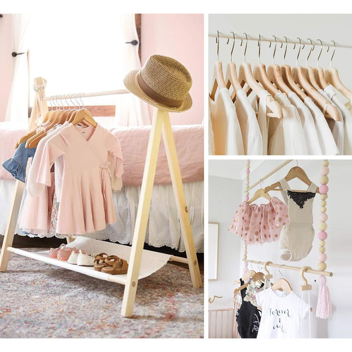 Дерев'яні вішалки для дитячого одягу Homewit - 24 шт. з перекладиною, з заглибленнями, 360° обертання, для малюків та дітей - 30 см