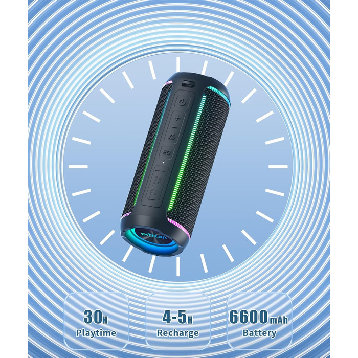 Ortizan Bluetooth колонка з LED підсвіткою, 40 Вт, IPX7 водонепроникна, 30 год роботи, чорна