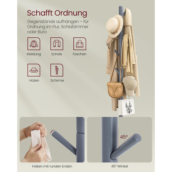 VASAGLE Coat Rack, Solid Wood Clothes Rack, Coat Stand with 8 Hooks, Tree Shape, 3 Adjustable Heights, for Coats, Jackets, Bags, for Entryway, Bedroom, Grey RCR01GY
