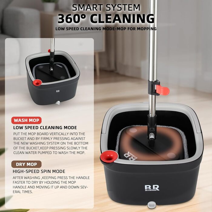 Набір для миття підлоги Spin Mop з віджимом 360° та мікрофіброю, телескопічний подовжувач, набір для прибирання